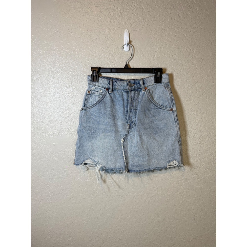 We The Free Denim Mini Skirt Women's Raw Hem Blue Jean Distressed Casual